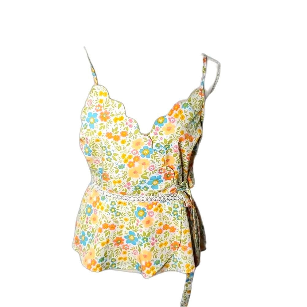 Top Faux Wrap Blouse by Milk & Honey multicolor floral lace trim, Size L